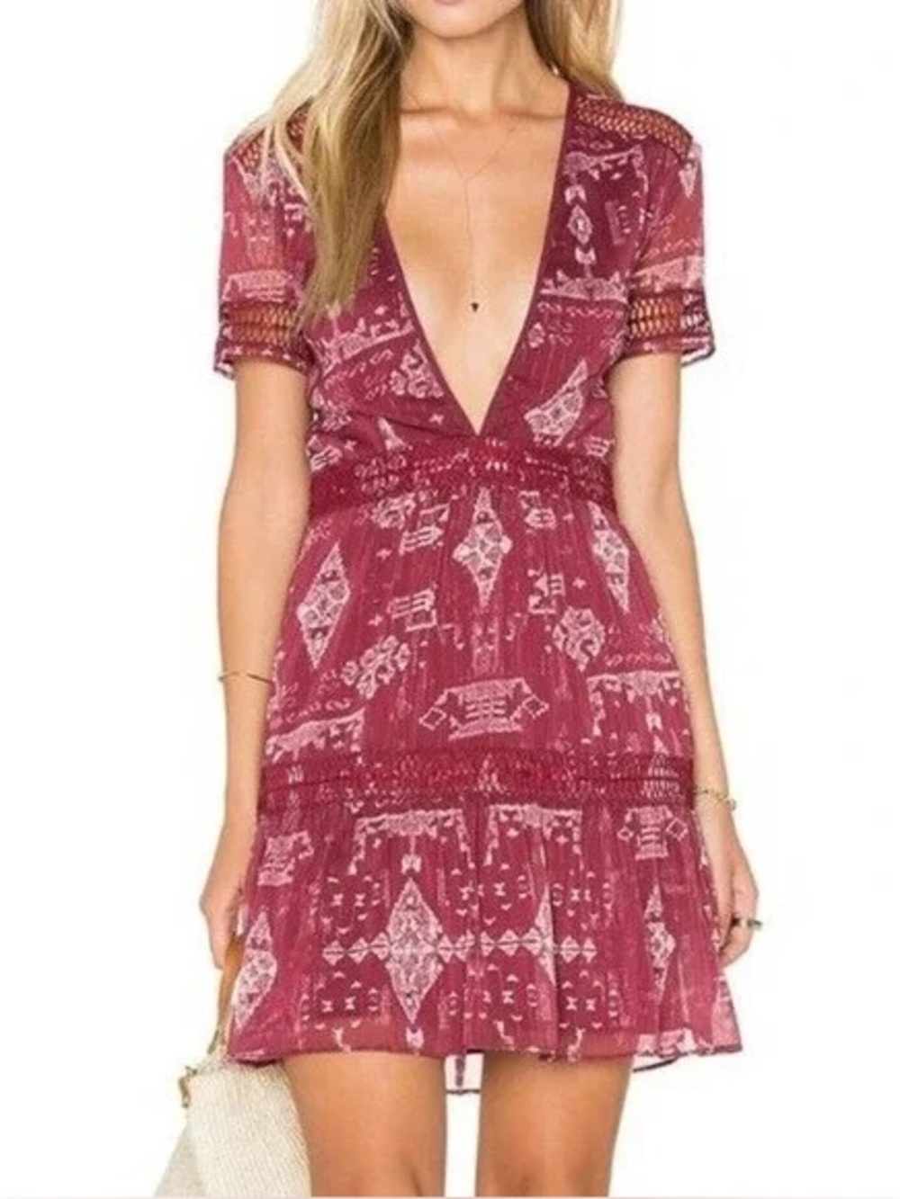 Saylor Mini Dress | Burgundy Ikat Print | Deep V Crochet Trim | Size S | Boho